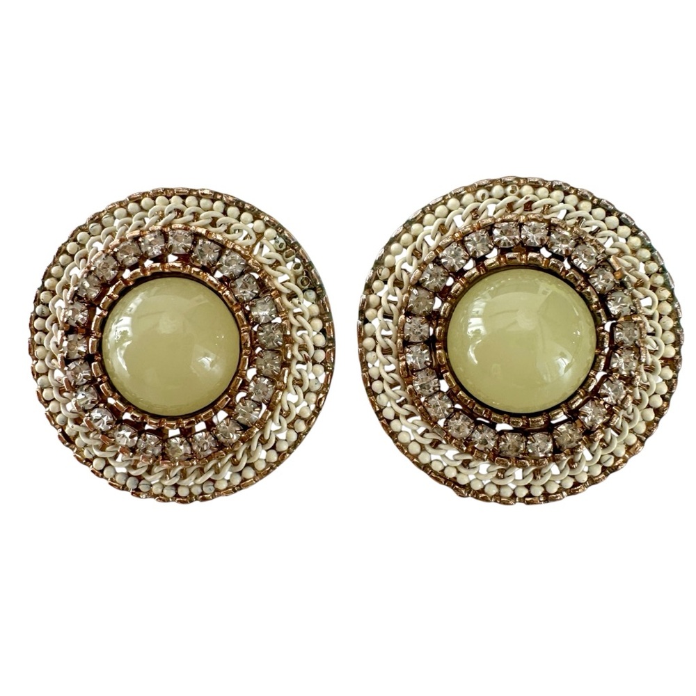 Vintage Pale Green Cabochon and Clear Rhinestone Pierced Earrings